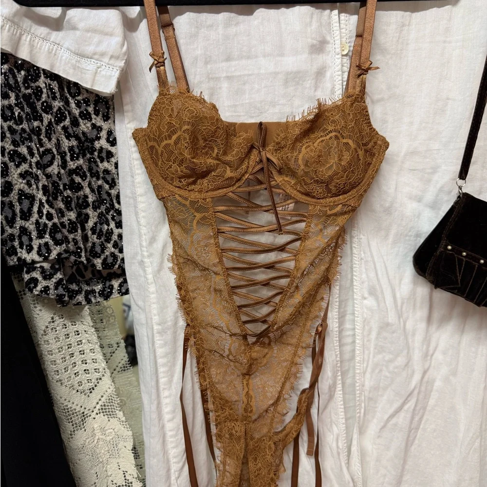 Victoria's Secret | Rust Lace Bodysuit with Ribbon Ties - Picture 2 of 5